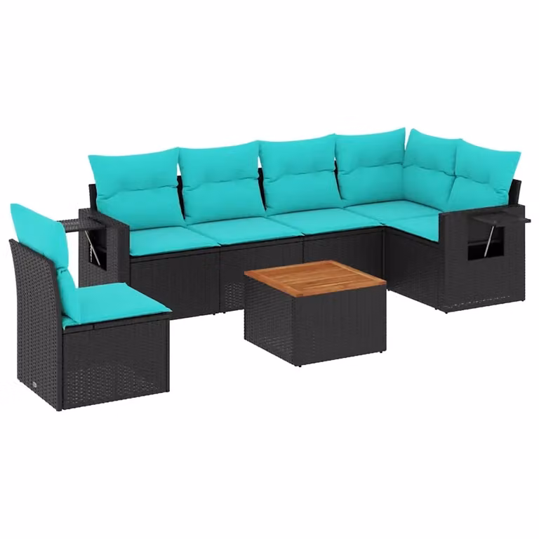 Set da giardino moderno vidaXL composto da 7 pezzi in polyrattan nero con cuscini blu e struttura in metallo