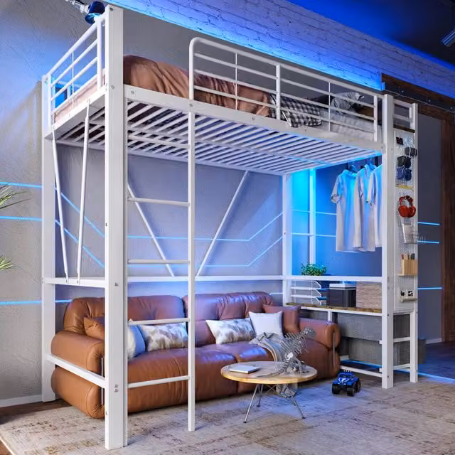 Letto a soppalco singolo OKWISH bianco con 4 cassetti, ripiani, illuminazione LED e porte USB/Type-C, L/P/H: 200 x 90 x 180 cm