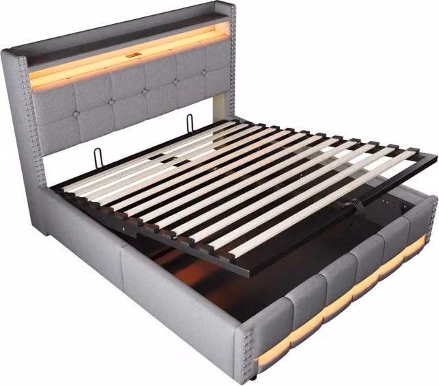Letto matrimoniale 160x200 cm in lino grigio chiaro con illuminazione LED, porta USB e contenitore idraulico