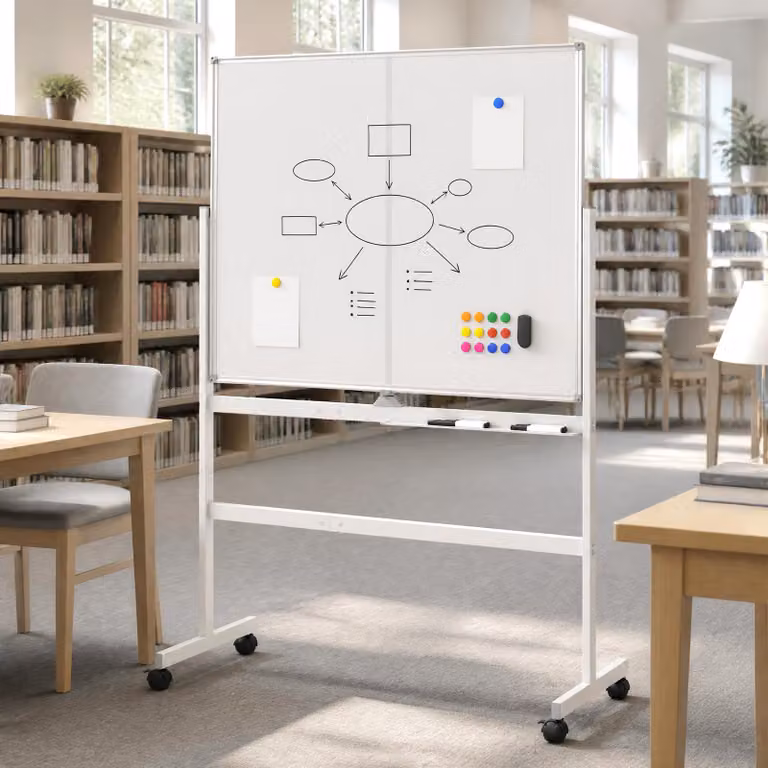 Lavagna magnetica bianca doppia faccia Costway con supporto in metallo e 4 ruote bloccabili per scuola e ufficio