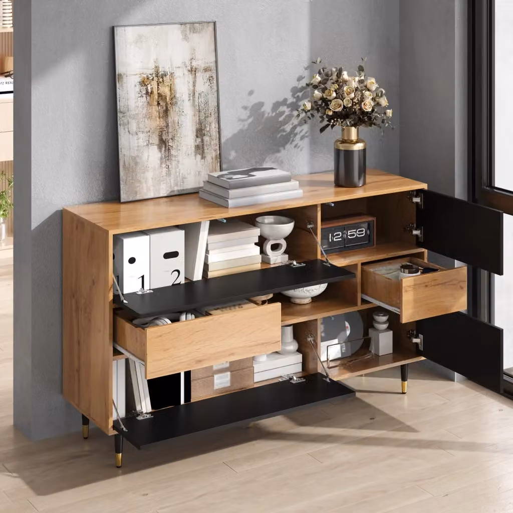 Sideboard moderno WISHDOR con ante pieghevoli e 2 cassetti, struttura in MDF e metallo, colori nero, oro e marrone – 2