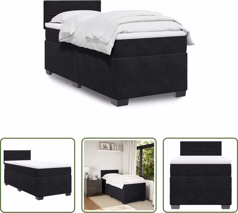 The Living Store Letto a molle con materasso nero 90x190 cm in velluto