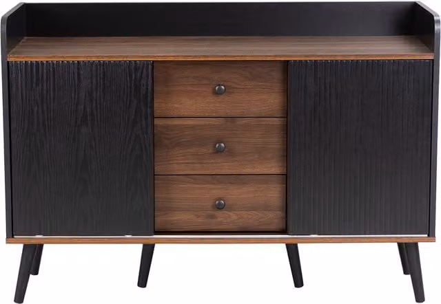 Credenza moderna GL Store con 3 cassetti e ante scorrevoli a righe, Nero, L: 117,5 cm, P: 39,5 cm, H: 80 cm