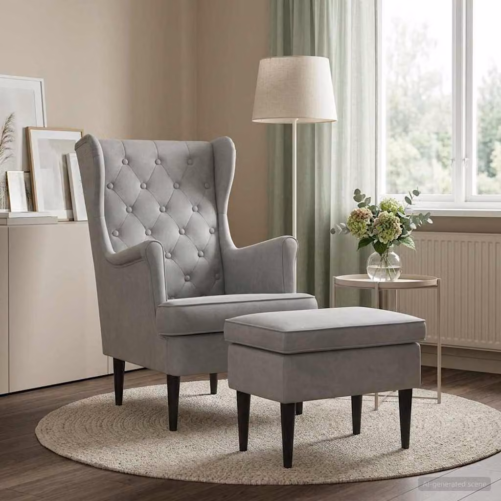 Set di Poltrona con Ottomano vidaXL in Velluto Grigio Chiaro con Struttura in Legno di Gomma per Soggiorno