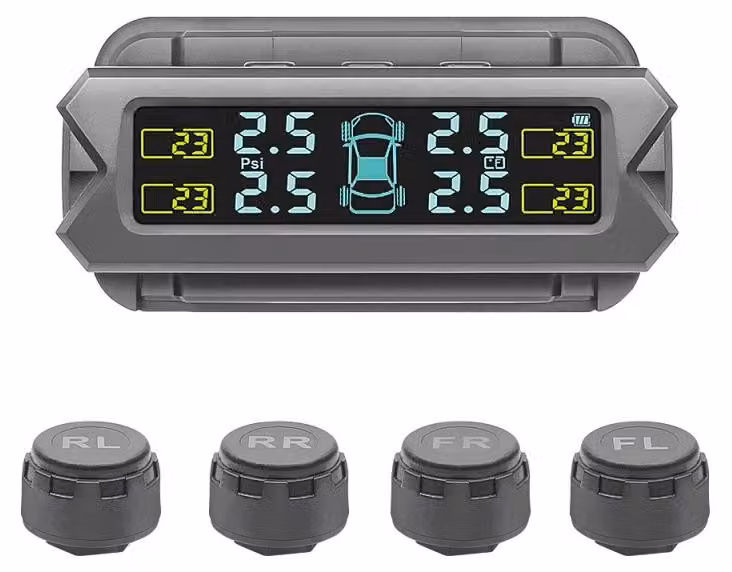 Sistema TPMS di monitoraggio della pressione degli pneumatici Techstar®, Ricarica Solare, 4 Sensori Esterni, Display LCD