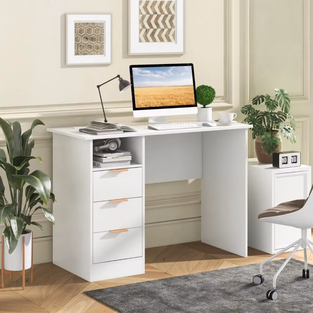 Scrivania moderna per computer con stazione di ricarica, 3 cassetti e mensola aperta, colore bianco – 2