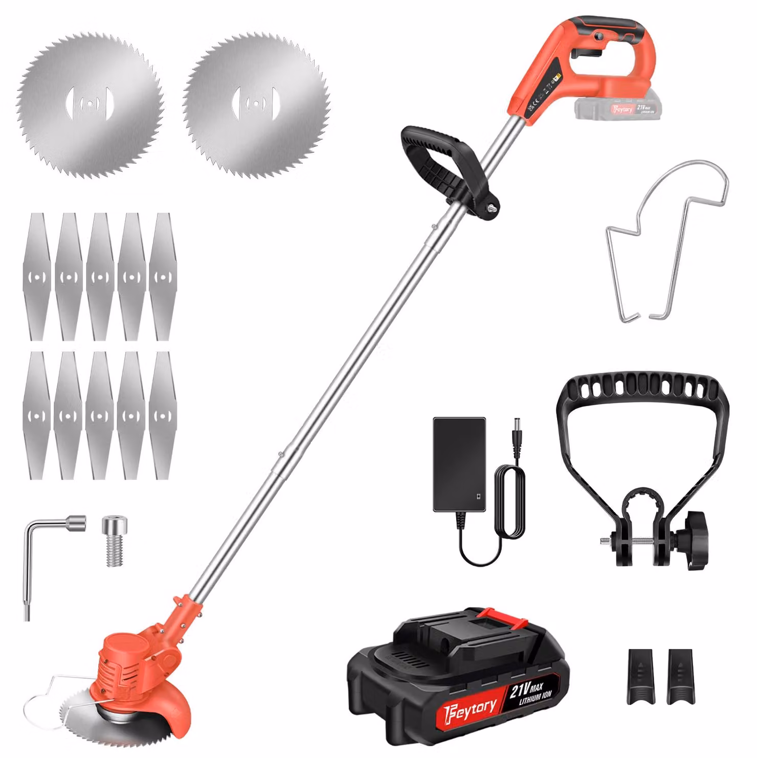 Tagliasiepi a batteria, tosaerba - Set da 3 pezzi: tagliasiepi e rifinitore di bordi - 1 batteria agli ioni di litio da 21V - Caricabatterie rapido - 2 lame da 15 cm - 10 lame in metallo