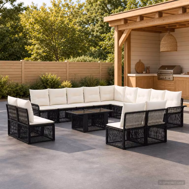 Set Divano da Giardino vidaXL 14 pz in Polyrattan Nero e Bianco con Cuscini e Tavolino da Esterno a Forma di U