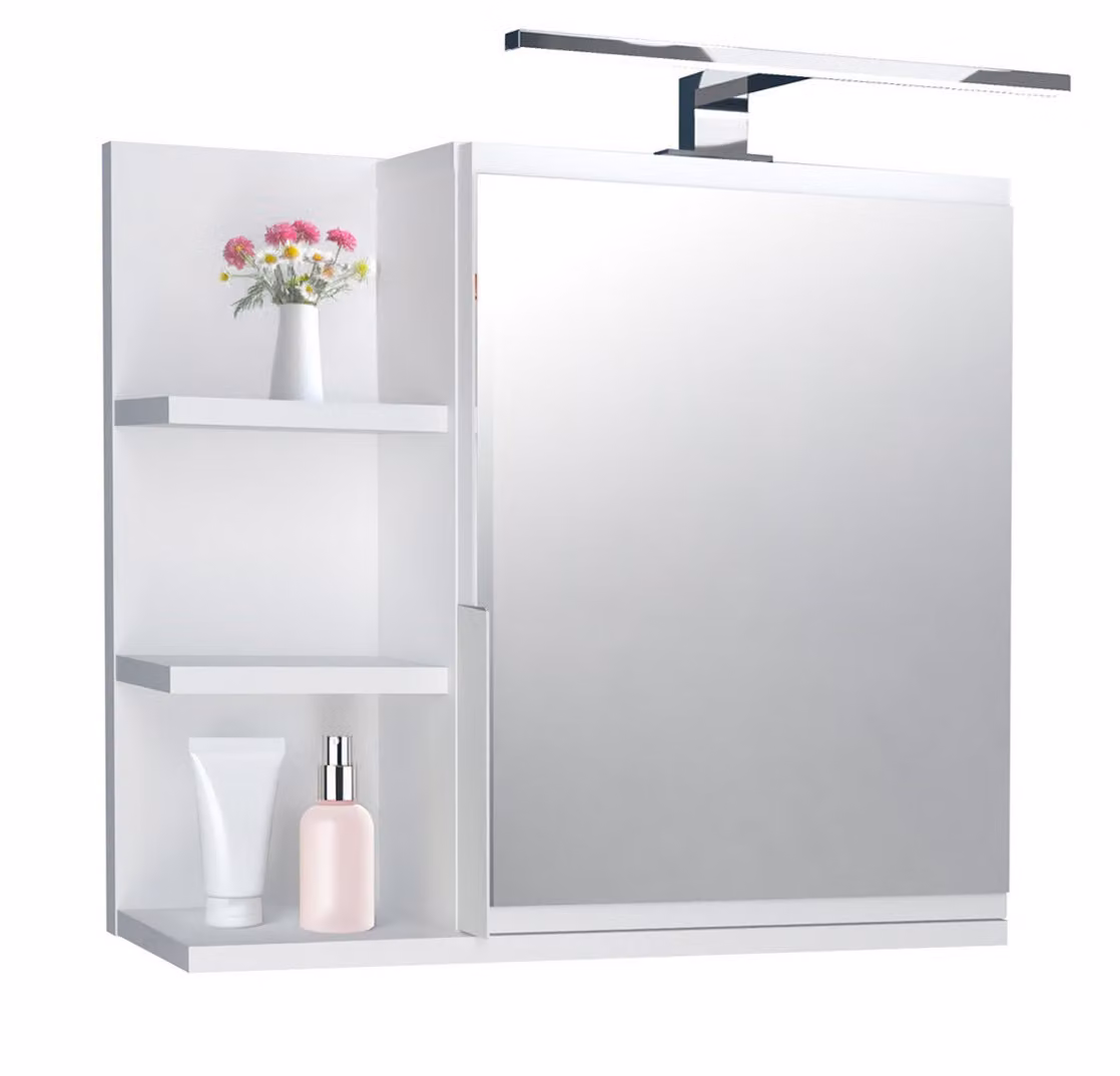 Specchiera 60x50 bianca, mobile bagno con ripiani, specchio bagno, pensile LED LAMPE - sinistra