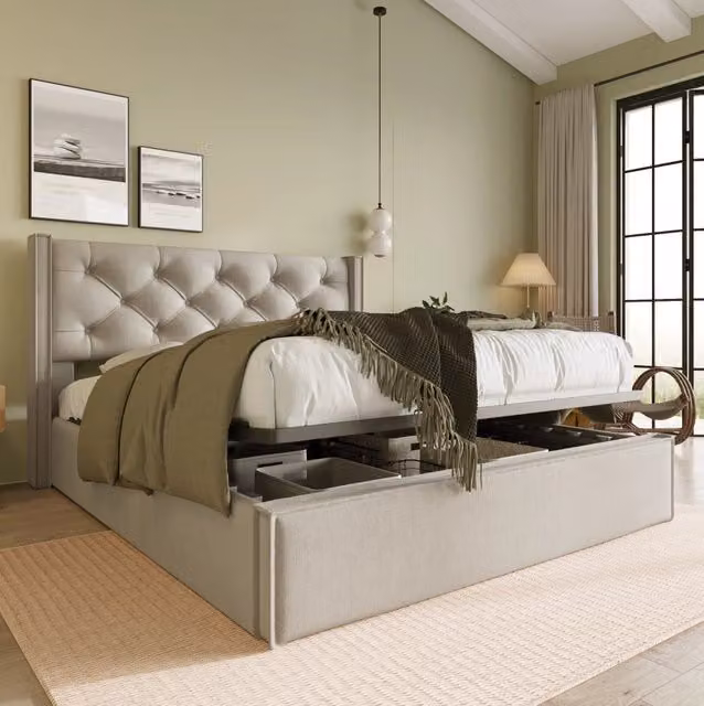 Letto matrimoniale imbottito con contenitore MODFU in cotone grigio, L/P: 140 x 200 cm – 1
