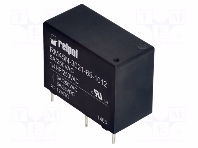 1 relè: bobina elettromagnetica, 12 VDC, 5 A / 250 VAC, modello RM45N-3021-85-1012, marca Elektro