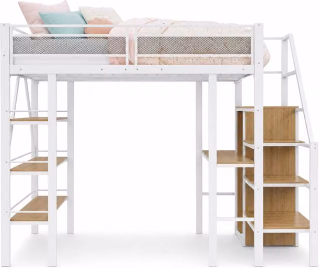 Letto a soppalco multifunzionale REDOM in metallo bianco con scala e scomparti laterali L/P/H: 200 x 140 x 178,5 cm