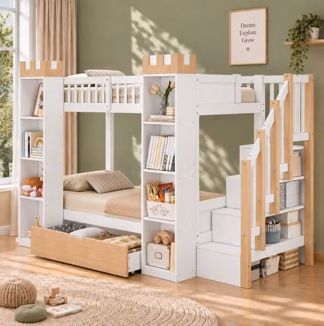 Letto a castello per bambini 90x200 cm con scala contenitore; cassetti e ripiani; bianco