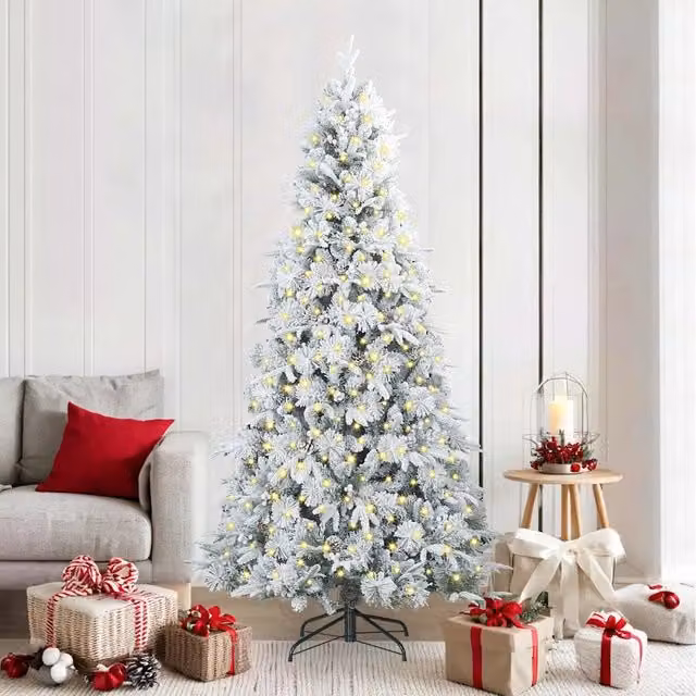 Albero di Natale Artificiale Moderno vidaXL Bianco con Luci LED Warm White e Rami Pieghevoli in PVC e Plastica, Altezza: 210 cm
