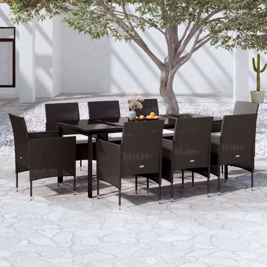 Set da Pranzo da Giardino vidaXL in Polyrattan Nero con Tavolo in Vetro e 9 Cuscini