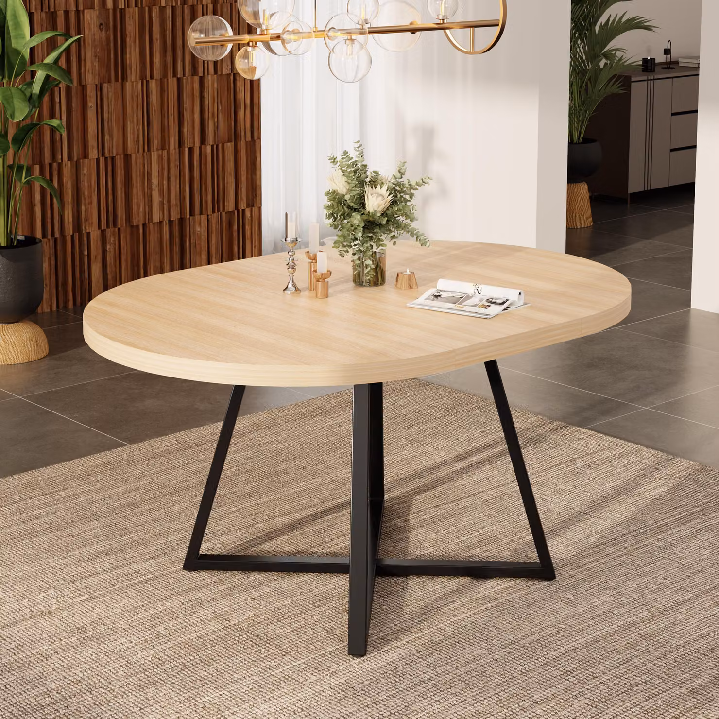 Tavolo da pranzo allungabile Flieks, adatto per 4-6 persone, tavolo da pranzo con angoli arrotondati, tavolo da pranzo rotondo 100-140 x 100 x 75 cm, color rovere