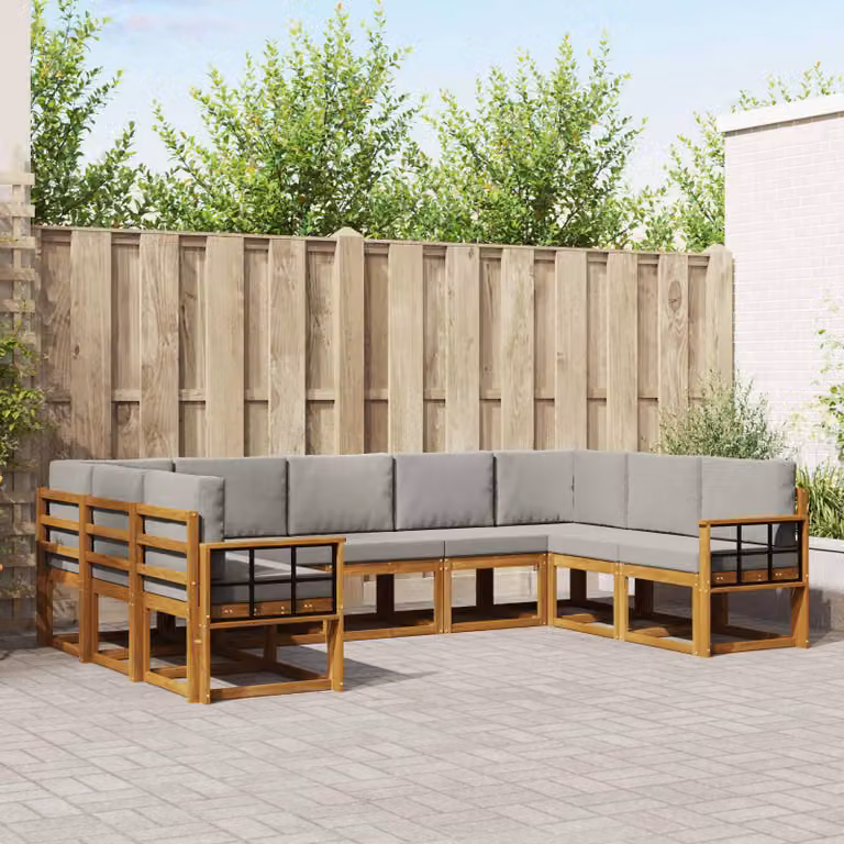 Set di divani da esterno vidaXL a forma di L in legno di acacia con cuscini, 9 pezzi, Grigio e Marrone