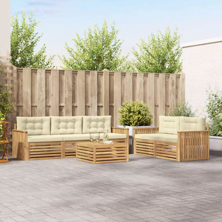 Set di divani da esterno vidaXL 6 pz in legno di acacia con tavolino e cuscini, Bianco e Beige