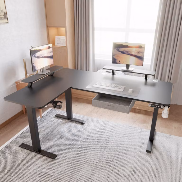 scrivania elettrica da 160 cm Scrivania elettrica regolabile in altezza Scrivania angolare a forma di scrivania in piedi Scrivania da ufficio con supporto per monitor e cassetto, nero