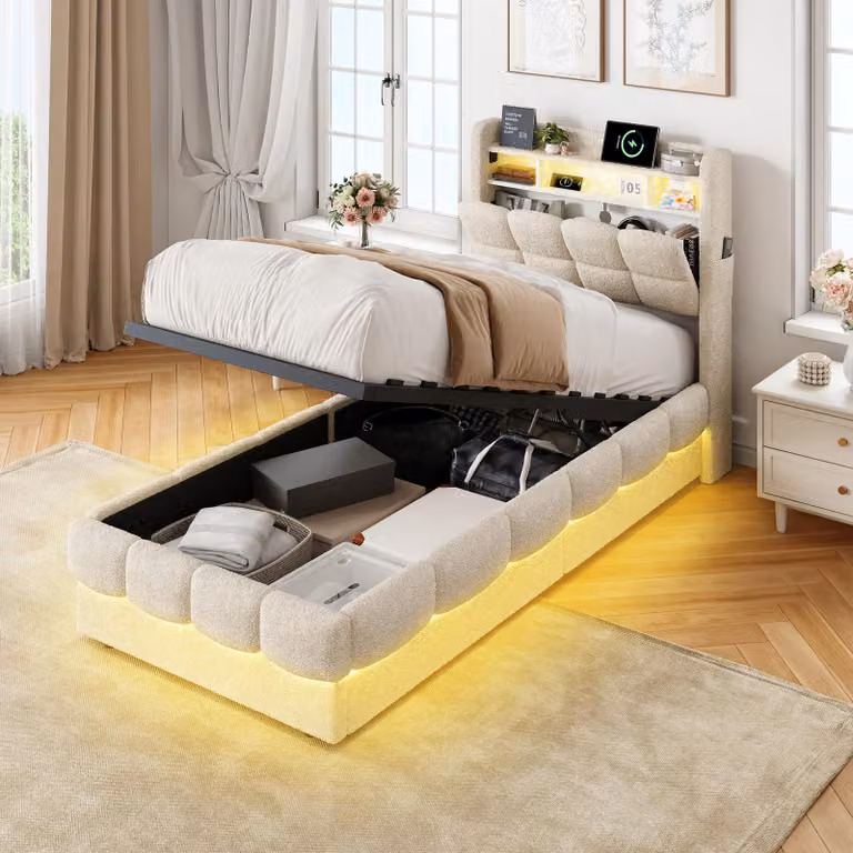 Letto imbottito REMZETTA, 90 x 200 cm, con contenitore, rete a doghe, LED RGB, porte USB e USB-C, rivestito in tessuto effetto peluche, testiera con spazio contenitivo, color beige, letto singolo per adolescenti