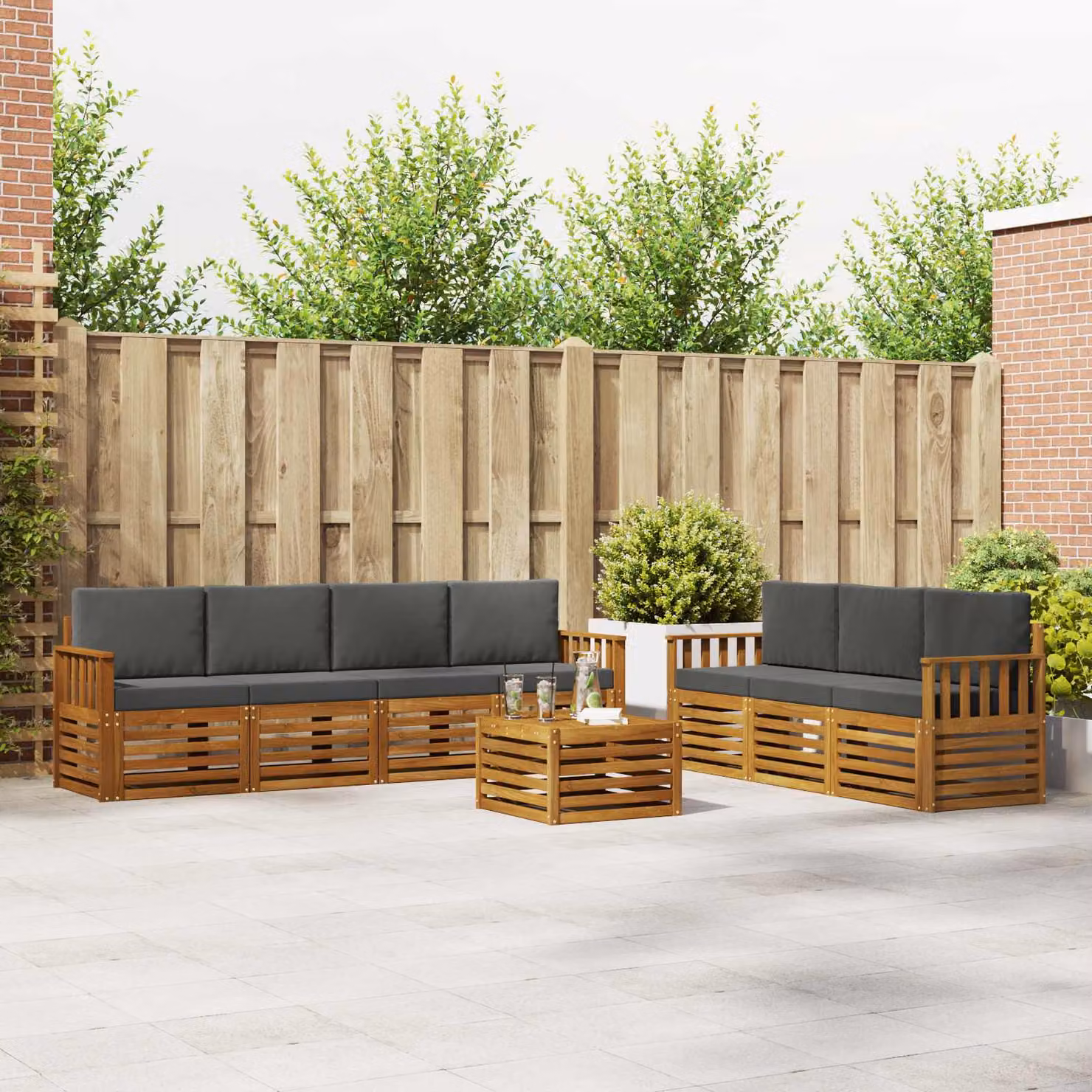 Set divani da giardino vidaXL in legno di acacia massello con cuscini, colore naturale e antracite