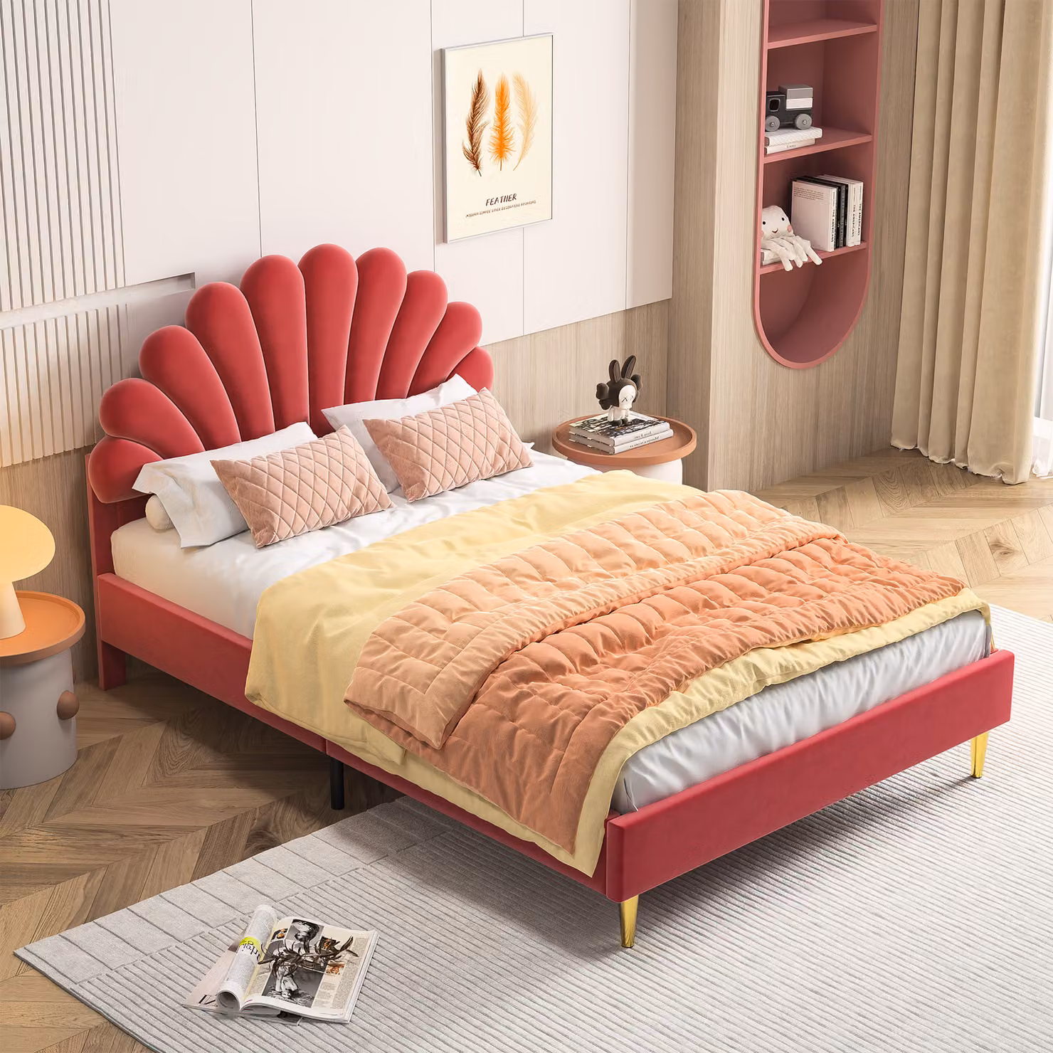 UnboxG Letto imbottito su misura letto matrimoniale 140 x 200 cm rete a doghe in legno letto in velluto color rosso