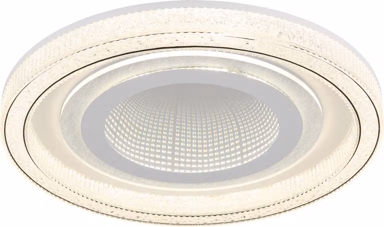 Lampada da soffitto Globo Lighting, corpo in metallo bianco opaco, cristalli in acrilico trasparente, effetto 3D riflettente in plastica, diffusore in acrilico trasparente, dimmerabile, con più livelli di intensità controllabili tramite interruttore a mur