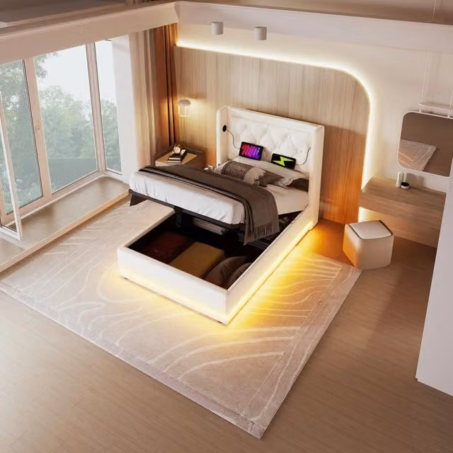 Letto imbottito singolo contenitore con LED ¨C Minimal ¨C Bianco similpelle 90x200 cm con materasso