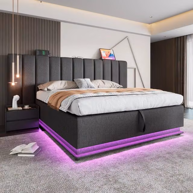 Letto contenitore 160x200 cm in lino grigio con LED app e USB-C, senza materasso