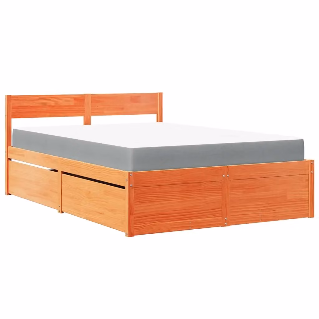 Letto con cassetti e materasso ibrido vidaXL in legno massello di pino color marrone cera L/P/H: 120 x 200 cm – 2
