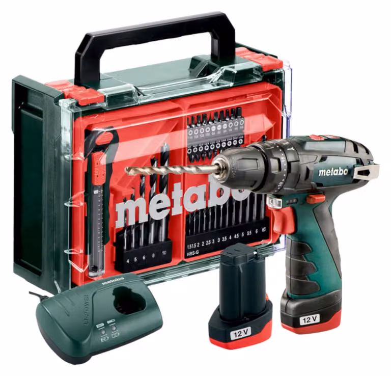 Metabo PowerMaxx SB Basic Set trapano a percussione a batteria 12 V 34 Nm ( 600385710 ) + 2x batteria ricaricabile 2,0 Ah + caricatore + set di accessori da 41 pezzi + valigetta