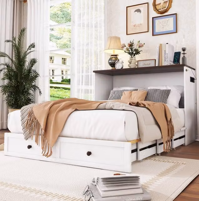 Letto a scomparsa 140x200 cm trasformabile con cassetti e USB in legno e MDF bianco