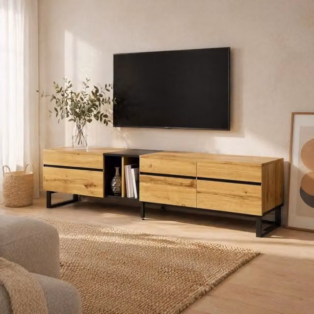 Mobile TV moderno MODFU effetto legno marrone con vano a ribalta e scomparti, L: 180 cm, P: 38 cm, H: 45 cm
