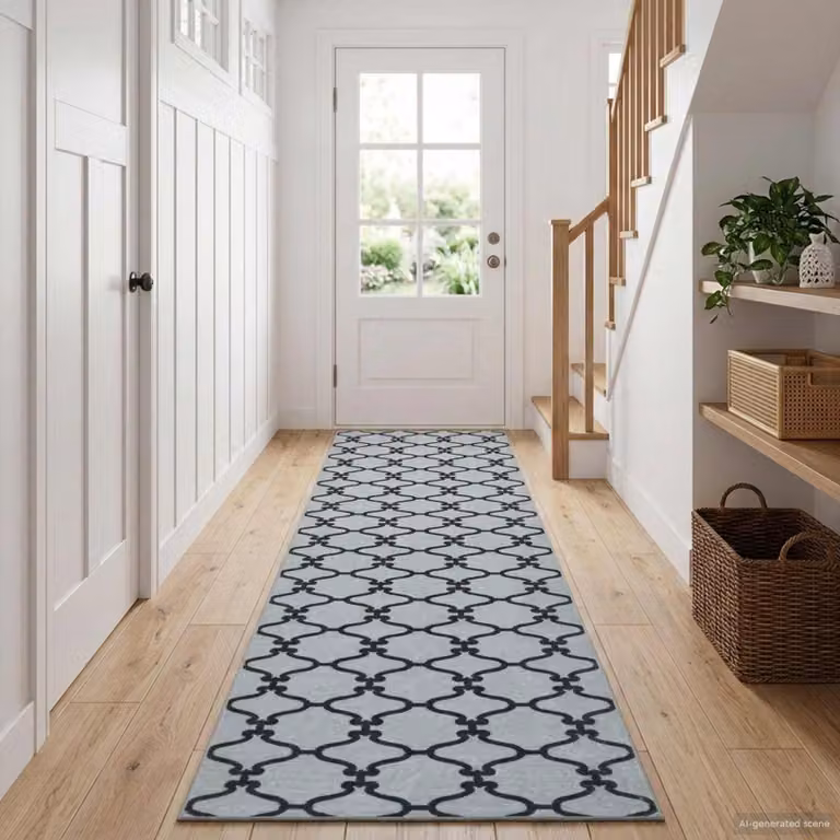 Tappeto Runner vidaXL ORIZ con motivo geometrico moderno, colore nero e grigio, in poliestere, 300 x 80 cm