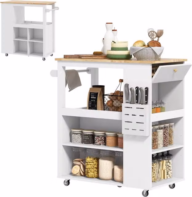 Carrello da cucina XYLO con ripiani regolabili in legno bianco, L 86.5 cm x P 47 cm x H 88 cm