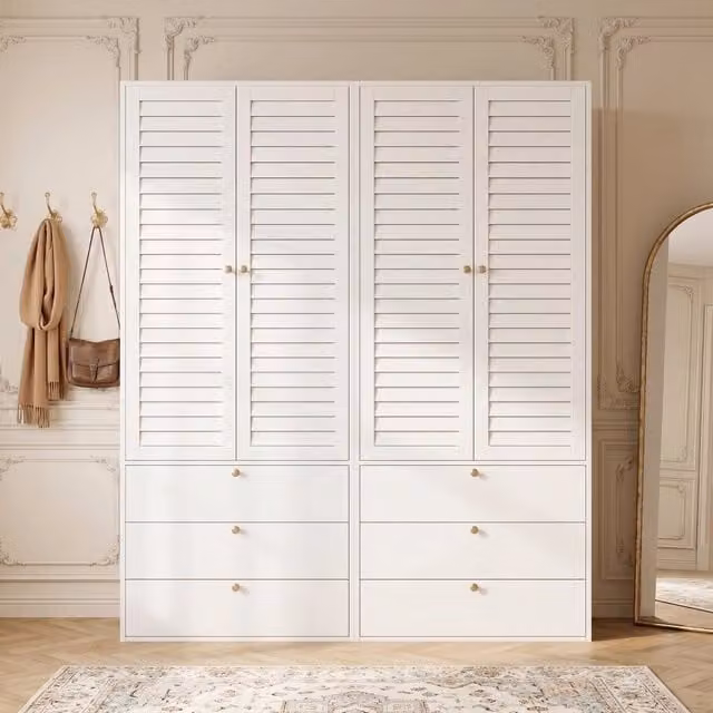 Armadio con 4 ante a lamelle, 6 cassetti e 2 appendiabiti per camera da letto, in truciolare bianco, 180 × 50 × 200 cm