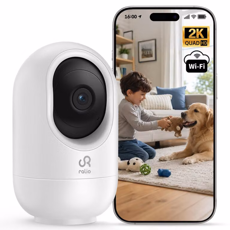 Telecamera di sicurezza WiFi Ralio 2K/3MP, per interni, con visione notturna, compatibile con reti 2.4/5GHz, dotata di rilevamento del movimento, audio bidirezionale, supporto cloud e memoria interna da 256GB