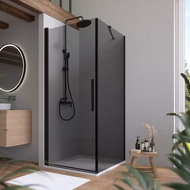 Box doccia 100x70cm con apertura a battente e parete fissa, profili nero opaco e vetro da 6mm fumè h195 | Elba