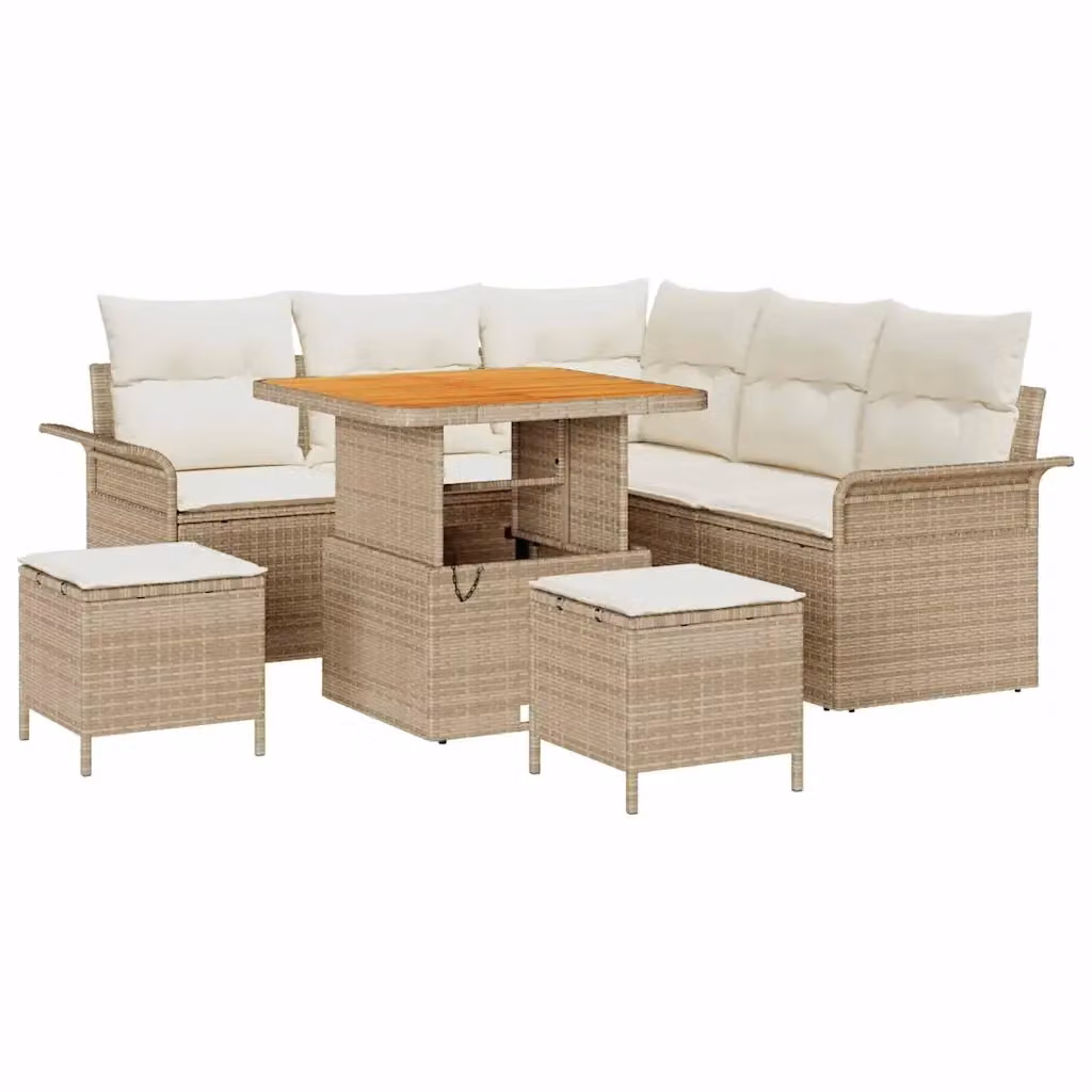 vidaXL Set Divano da Giardino a L con 8 Posti, Colore Beige e Bianco, con Cuscini e Tavolino da Caffè – 2