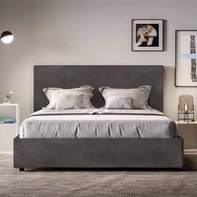 Letto queen size senza rete imbottito 150x200 microfibra grigio Mika