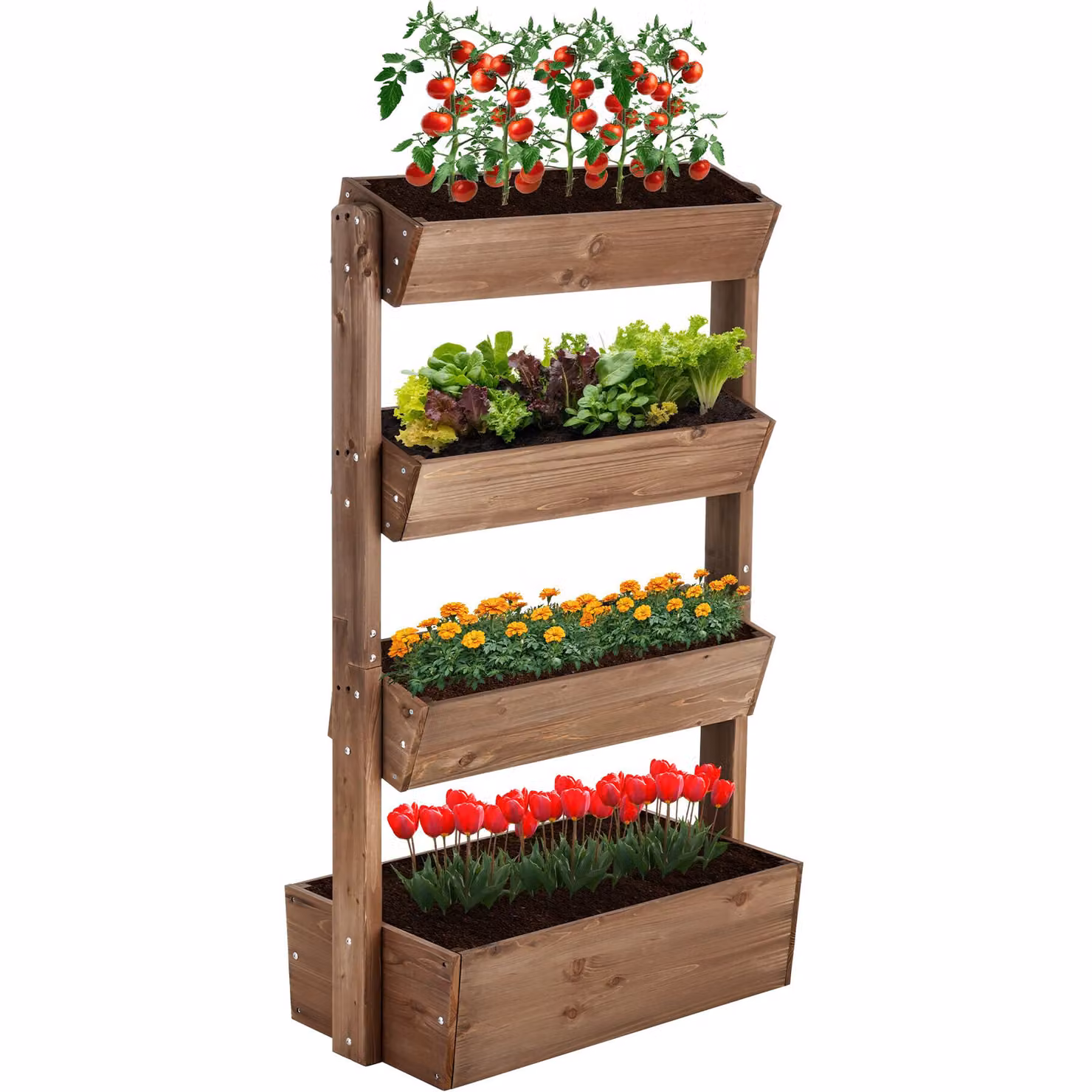 Aiuola verticale Tectake Flora in legno verniciato marrone con tessuto non tessuto per orto e giardino, L: 85 cm, P: 45 cm, H: 140 cm – 3