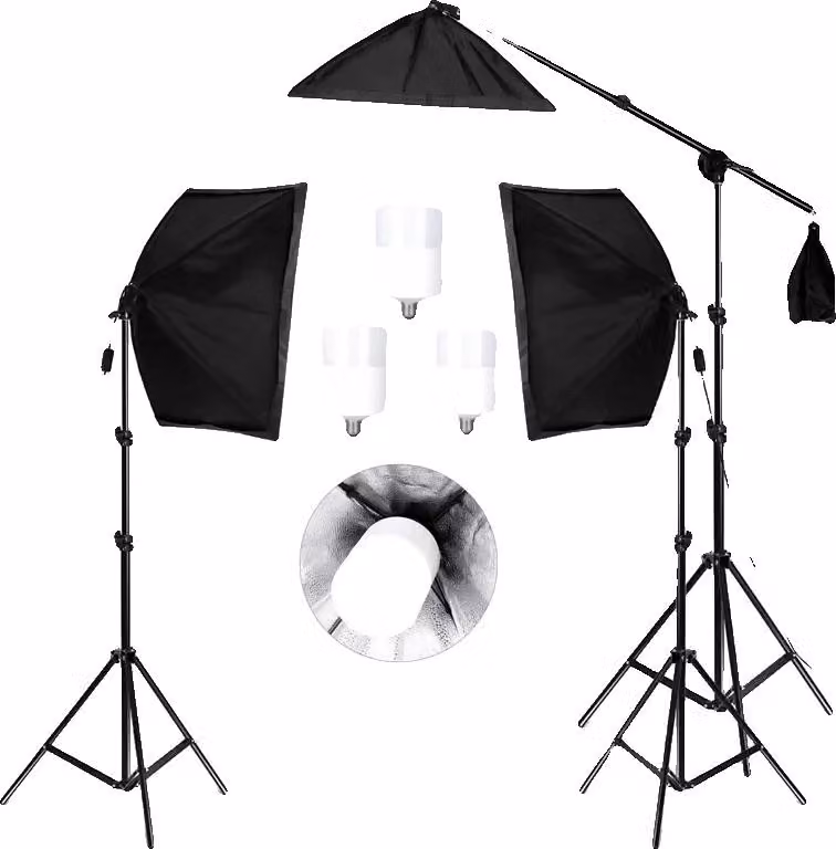 Set di illuminazione con softbox, stativo regolabile, compatibile con attacchi E27, 3 lampadine a incandescenza da 40 W
