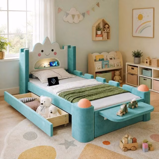 Letto per bambini imbottito 90 × 200 cm con testiera a nuvola lampada LED USB cassetto ripiano pieghevole blu verde