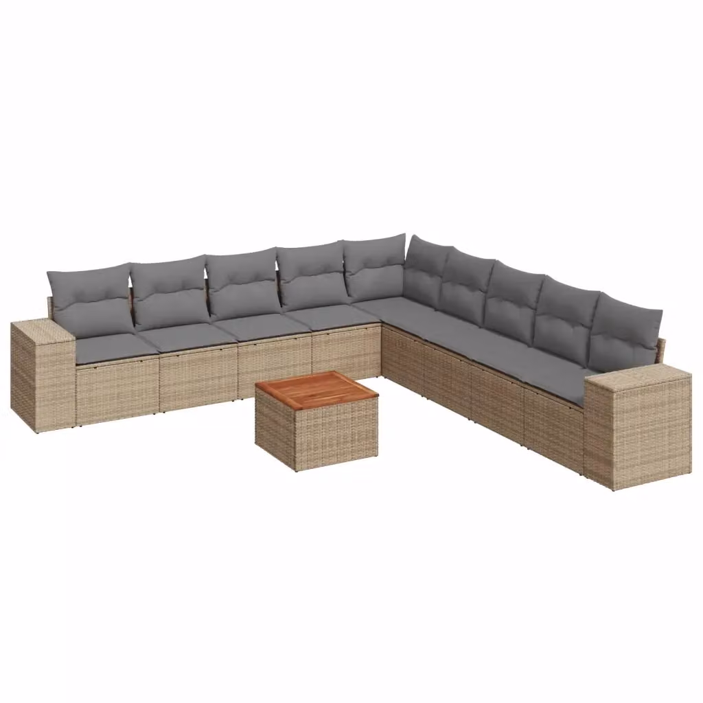 vidaXL Set Divano da Giardino 10 pz a Forma di L in Polyrattan con Cuscini Beige e Grigio e Tavolino da Caffè – 2