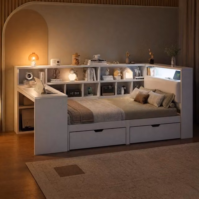 Letto a L con scrivania e libreria integrata 90x200 cm in MDF e multistrato; bianco