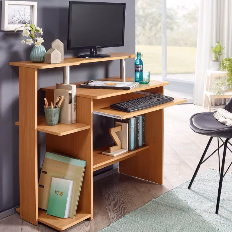 FineBuy Tavolo per computer in faggio 94x90,5x48,5 cm Tavolo moderno per laptop con cassetto per tastiera Tavolo per PC con ripiano per stampante Tavolo salvaspazio Tavolo per laptop