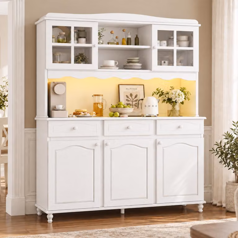 Armadio da cucina con cassetti, credenze con illuminazione a LED e prese di corrente, mobile alto con spazio contenitivo, 135x40x185 cm, bianco, pannello di particelle di legno