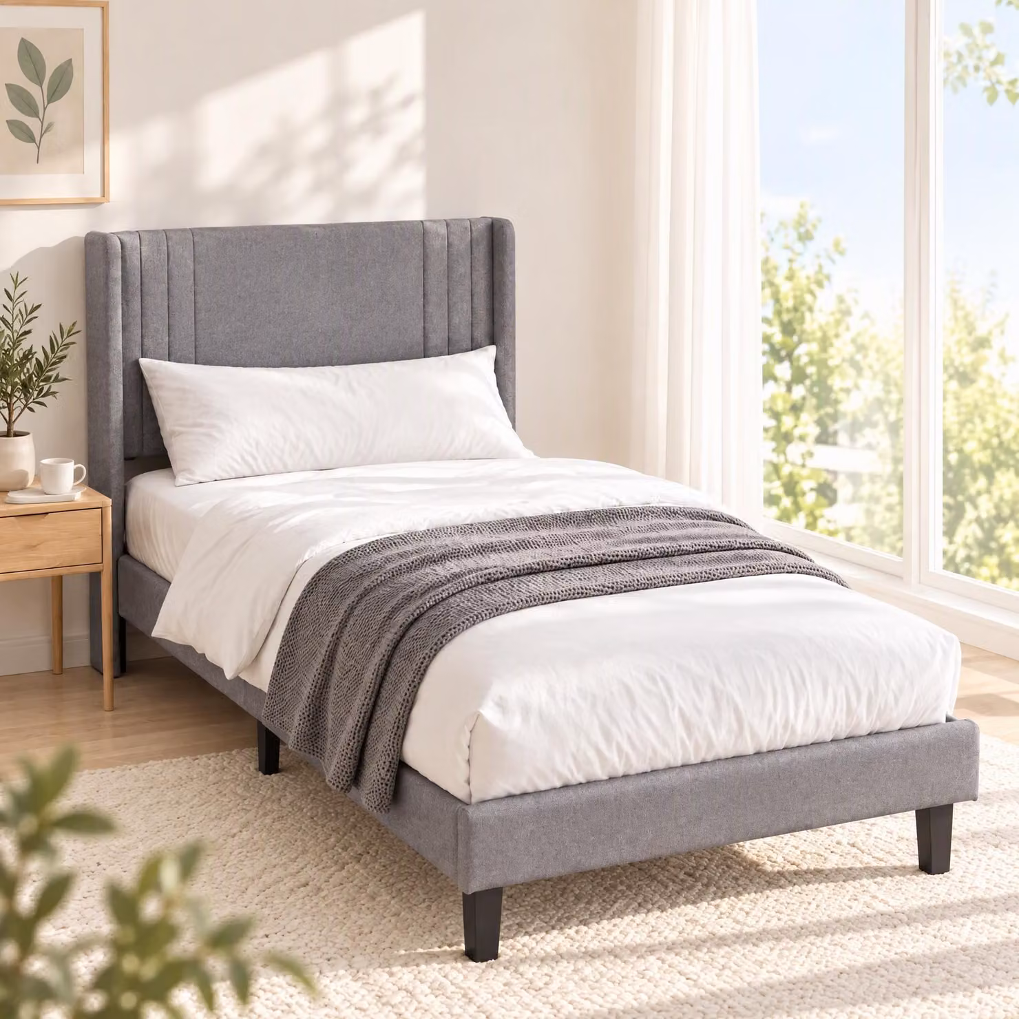 Letto imbottito singolo INONEFT, 90 x 200 cm, con rete a doghe, letto per ragazzi con testiera, struttura robusta in legno e metallo (grigio, 90x200 cm)