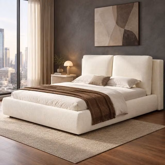 Letto imbottito in bouclé beige con rete a doghe e testiera ergonomica