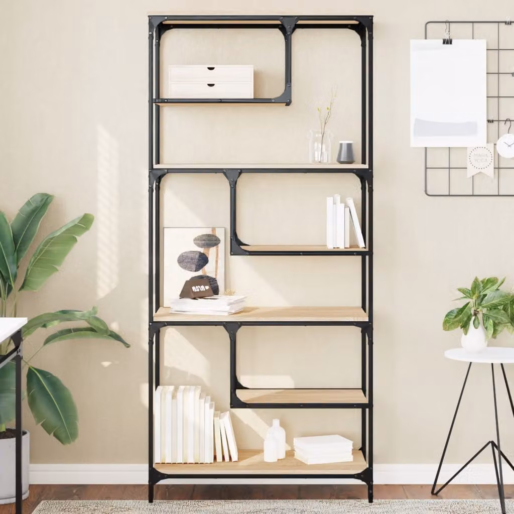 Libreria vidaXL in stile industriale con design geometrico, colore marrone, realizzata in legno e metallo, L 81 cm x P 36 cm x H 176 cm